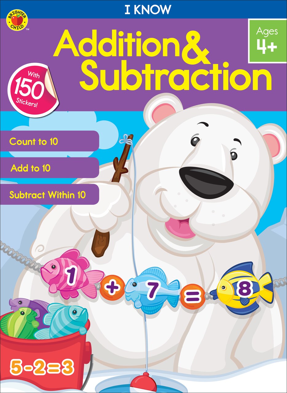 Carson Dellosa — I Know Addition & Subtraction Math Workbook for PK, 1st, 2nd Grade, 64 Pages with Stickers, Ages 4+